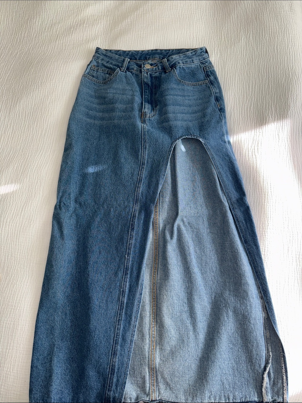 Denim Maxi Skirt with Front Slit - Blue